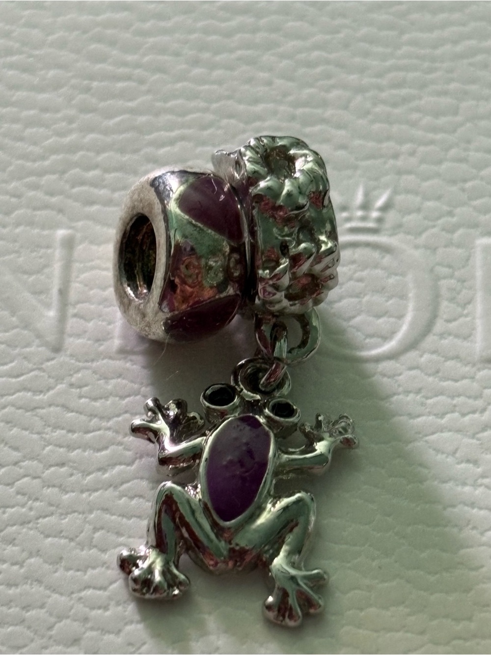 Silver Frog Charm Pendant with Purple Enamel Accent